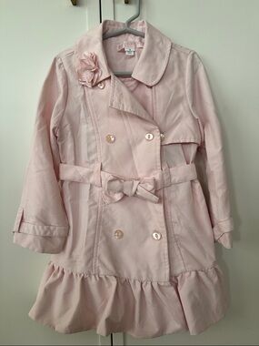 BISCOTTI Girls' Pink Trench Coat with Bow and Flower Accent - size 4
